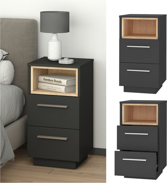 Vicco Nachtschrank Beatrice 2er Set Anthrazit mit 2 Schubladen B: 36 cm, T: 36 cm, H: 68 cm - Bild 1