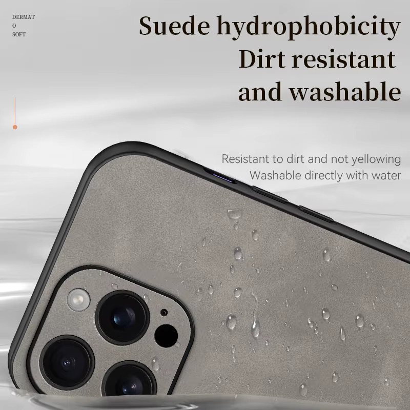 Luxuriöse Apple iPhone Handyhülle aus Leder und Schaffell mit Kameraobjektivschutz und matter Rückseite in Grau - Bild 3