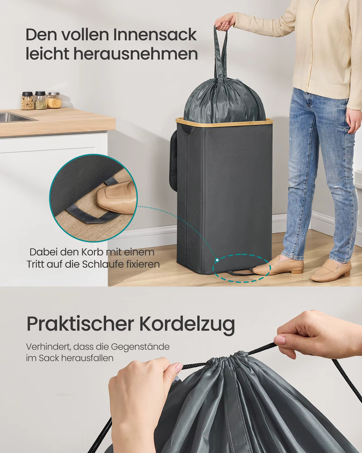 SONGMICS Flaschencontainer mit Deckel und Innensack, Recycling-Behälter für die Küche, grau-beige, Volumen: 100 l, B: 42,0 cm, T: 70,5 cm, H: 42,0 cm - Bild 4
