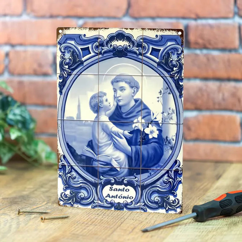 Retro Metall-Wandkunst Hello Young St. Antonius von Padua Illustration in Blau, B/H: 30,48 x 30,48 cm - Bild 4