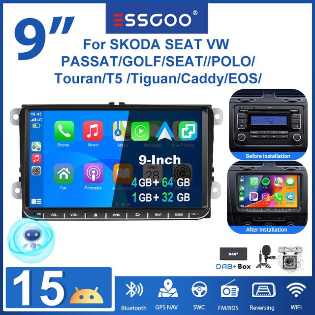 ESSGOO Android 15 Autoradio mit 9 Zoll Display, 4+64G/1+32G, kabelloses CarPlay, Android Auto, GPS, Bluetooth und WLAN für VW Golf 5 6, Passat, Polo, Touran, Tiguan, Caddy, EOS, T5 sowie SEAT und SKODA, Schwarz - Bild 1