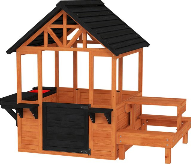 AIYAPLAY Spielhaus aus Tannenholz mit Tisch, Bank und Spülstation, Hellbraun - Bild 1