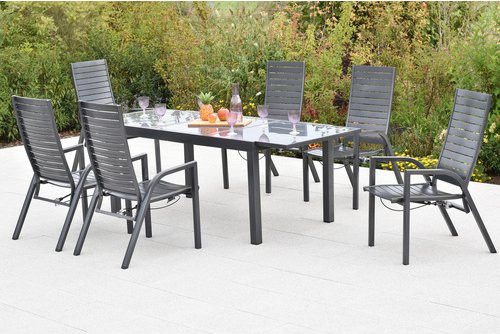 MERXX Gartenmöbel-Diningset Siros, 7-teilig mit 6 Sitzplätzen, Aluminium und Glas, schwarz, Tisch B: 150 cm, T: 90 cm, H: 76 cm (erweiterbar) - Bild 1