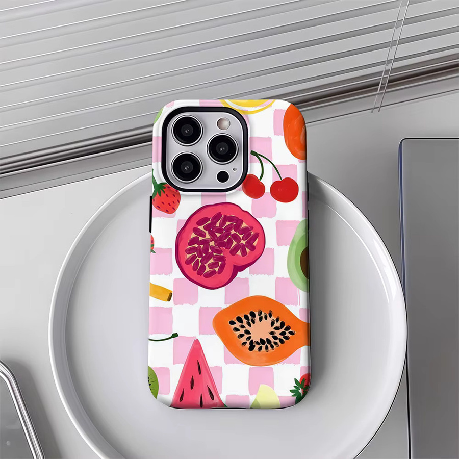 Handyhülle mit buntem Früchte-Schachbrett-Muster in Rosa für Apple iPhone 17 16 15 14 13 Pro Max Plus mit doppelschichtiger Rückseite - Bild 3