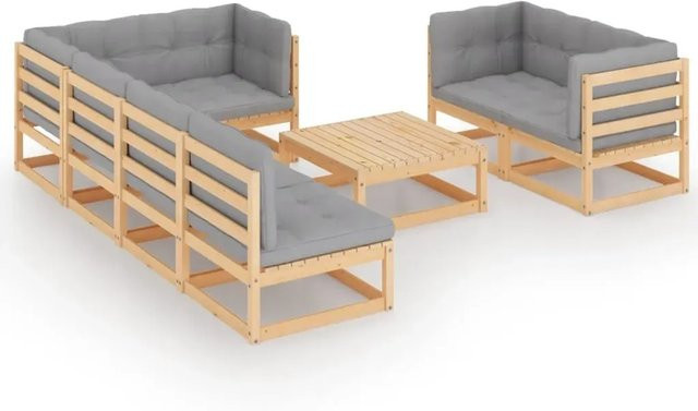 vidaXL 8-teiliges Garten-Lounge-Set aus massivem Kiefernholz in U-Form mit grauen Polstern - Bild 1