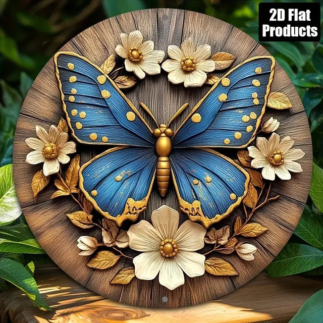 HELLOYOUNG Vintage Schmetterling Wandschild aus Metall in Blau, Runde Aluminium-Zinn Wanddekoration mit floralem Motiv, Durchmesser: 20,32 cm - Bild 1