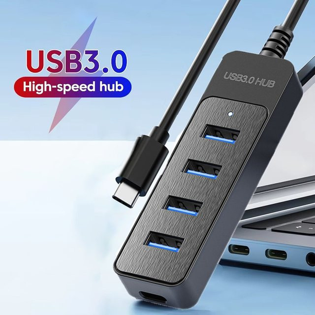 KAFNHCKA USB 3.0 Hub 4-Port USB Splitter mit USB-C Anschluss, High Speed Expander für Computer und Laptops, Schwarz - Bild 1