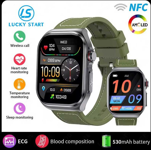 LUCKY START AMOLED Smartwatch ET585 für Herren und Damen in Grün mit EKG, Blutzusammensetzung, Gesundheitsüberwachung und Bluetooth Anruffunktion sowie Sport Fitness Tracker - Bild 1