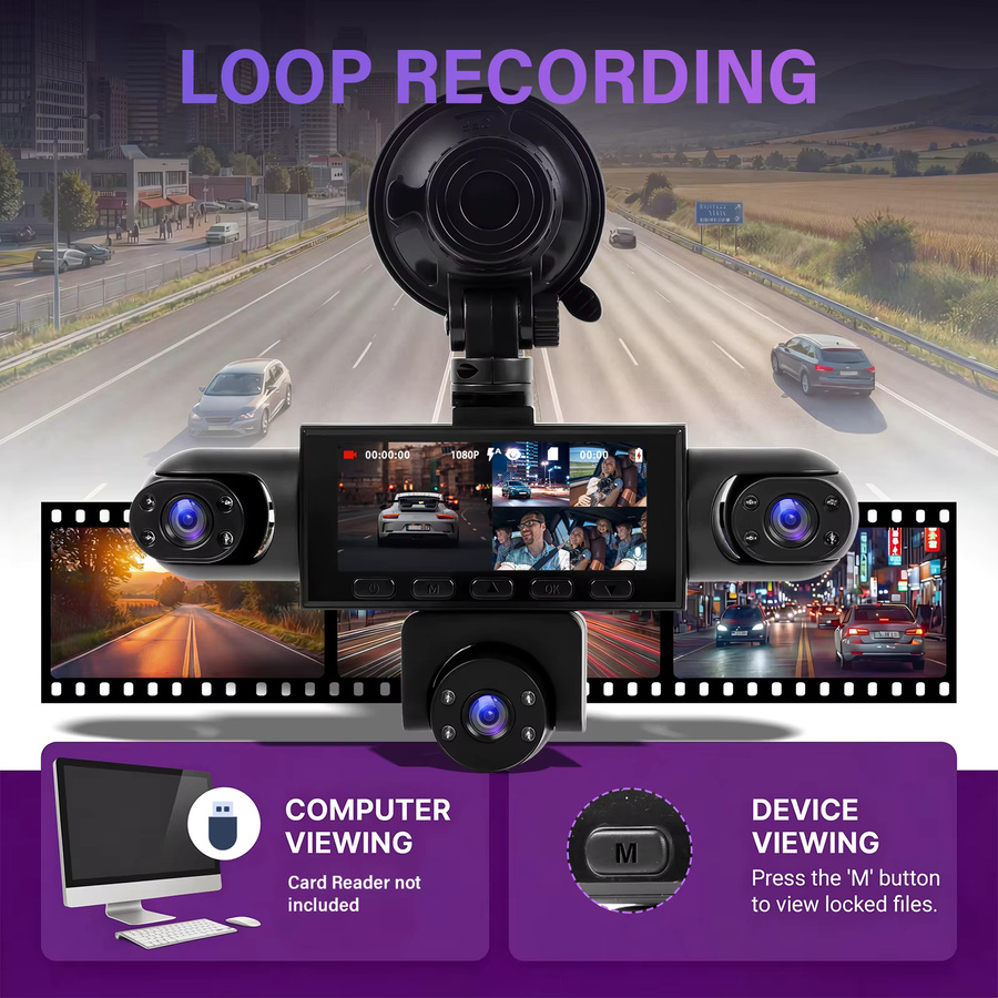 Podofo Dashcam mit 1080P Full HD, 360-Grad-Linsen, Nachtsicht und Einparkhilfe, Schwarz, inklusive 64GB Speicherkarte - Bild 3
