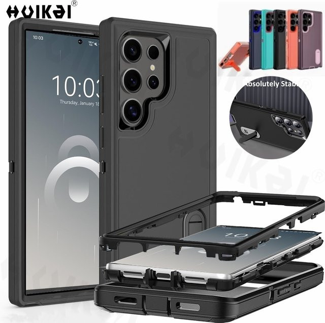 Stoßfeste Samsung Galaxy S25 Ultra, S24 Ultra und S23 Ultra Schutzhülle mit Ständer in Schwarz - Bild 1