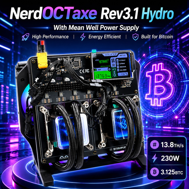 NerdOctaxe Rev3.1 Hydro Bitcoin Solo Miner Schwarz mit 3,5-Zoll-Display und Mean Well Netzteil - Bild 1