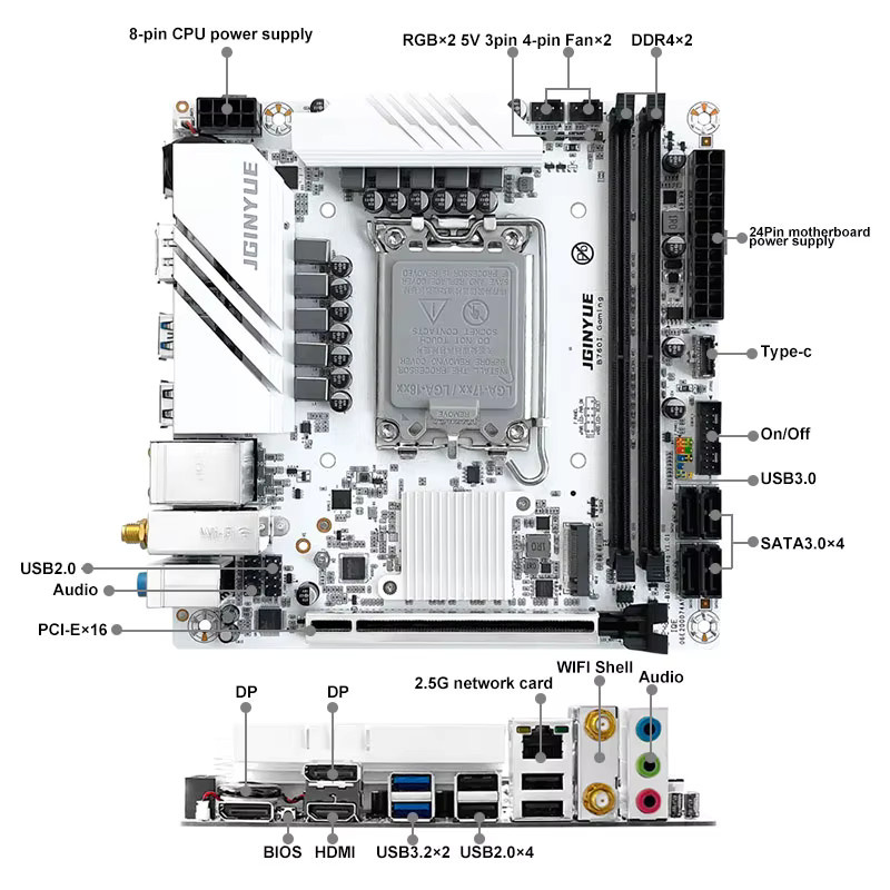 JGINYUE B760I GAMING Mini-ITX Motherboard LGA1700 für Intel 12., 13. und 14. Generation, DDR4, Dual M.2 PCIe 4.0, 2.5G LAN - Bild 3