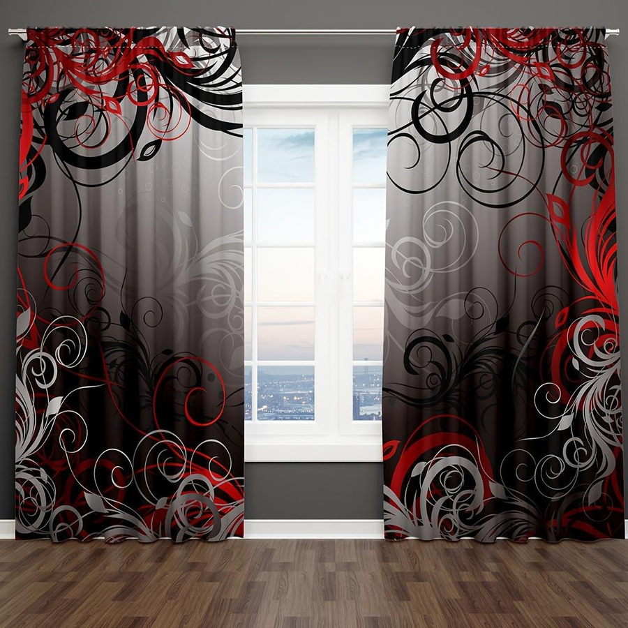 2er-Set Fenstervorhänge mit Streifenmuster in Schwarz und Rot, halbtransparent, moderner Stil, B: 150 cm, H: 166 cm - Bild 2
