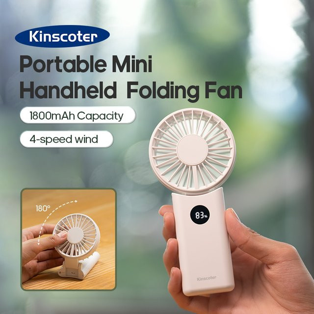Kinscoter Tragbarer Handventilator in Weiß, Faltbarer Mini-Tischventilator mit 1800 mAh Akku, 4-stufigem Windregler und LED-Anzeige, Wiederaufladbar - Bild 1