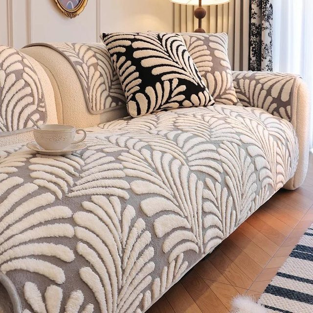 Retro Jacquard Sofakissenbezug aus Plüsch in Beige, rutschfest und waschbar, B/T: 70 x 70 cm - Bild 1