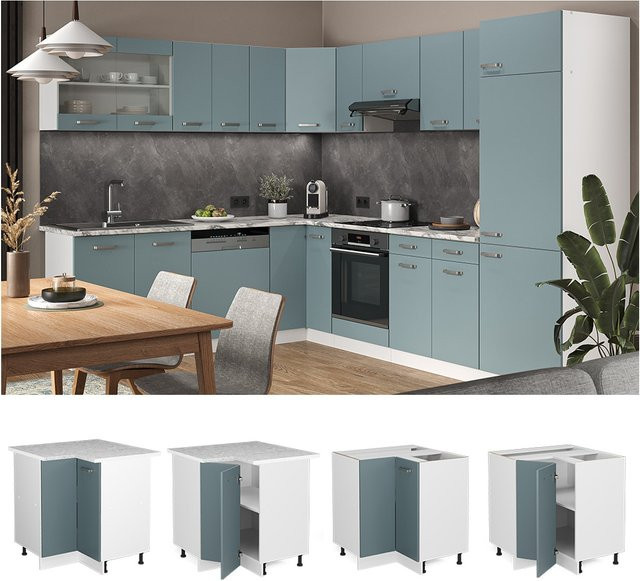 Vicco Eckunterschrank R-Line Küchenschrank in Blau-Grau und Weiß mit Marmor-Arbeitsplatte, Höhe: 87 cm - Bild 1