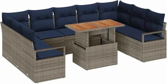 vidaXL Garten-Sofa-Set mit 10-teiligem Polster-Set aus Poly-Rattan und Akazienholz in Grau und Marineblau - Bild 1