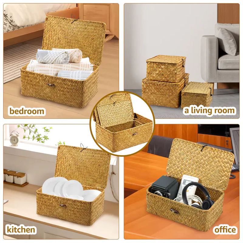 3-teiliges Set handgewebte Aufbewahrungskörbe aus Rattan in Beige im Vintage-Design mit Deckel und rechteckiger Form - Bild 3
