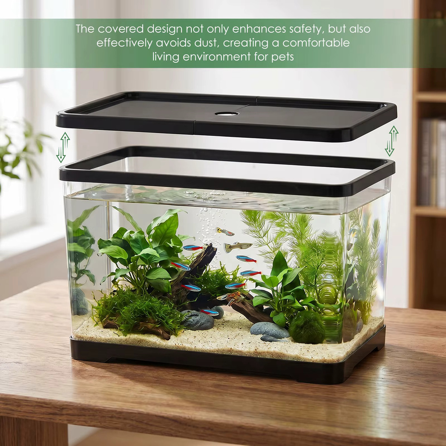 Willstar Transparentes Glas-Fischbecken mit Abdeckung, rechteckiges Desktop-Aquarium in Schwarz für Büro und Heimdekoration - Bild 2