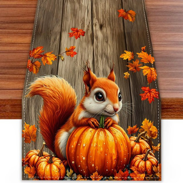 VIKAMA Tischläufer mit Herbst-Motiv Kürbis und Eichhörnchen, mehrfarbig, Leinen, B/H: 138 x 33 cm - Bild 1