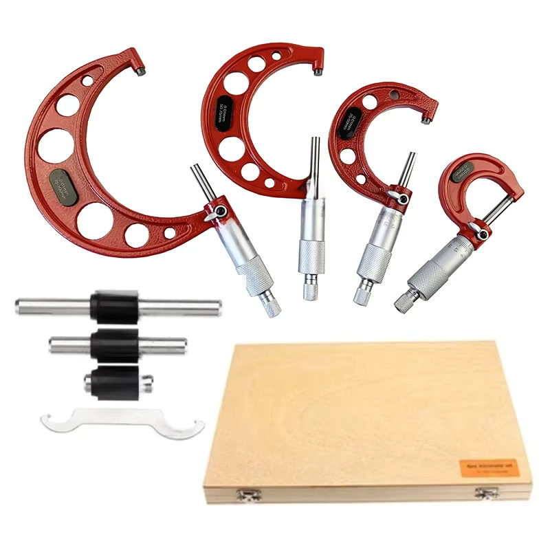 ETOPOO Außenmikrometer-Set mit Standards Ratschenanschlag, 4-teilig, Messbereich 0-100mm, Genauigkeit 0,01mm, Farbe Rot - Bild 1