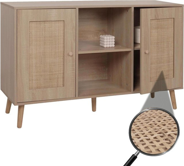 MCW Sideboard M42 in Eiche-Optik mit Kubu Rattan, Braun, B: 120 cm, H: 77 cm, T: 38 cm - Bild 1