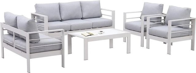 MeXo Gartenmöbel Set Loungemöbel für 7 Personen aus pulverbeschichtetem Aluminium in Weiß mit Polsterauflagen und UV-beständigem Outdoor-Stoff - Bild 1