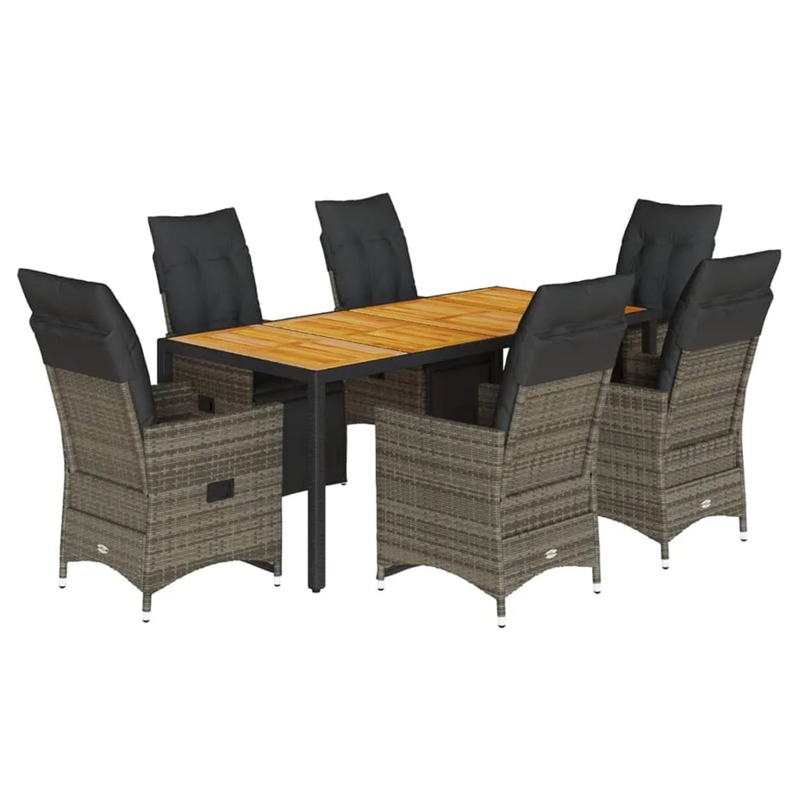 vidaXL 7-teiliges Garten-Bistro-Set aus Poly Rattan und Akazienholz in Grau mit Kissen - Bild 2