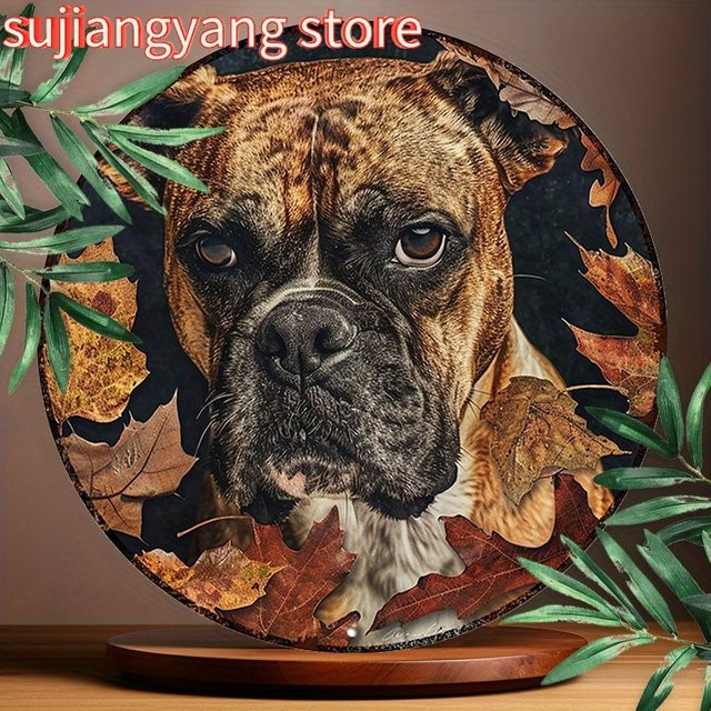 Rundes Aluminiumschild Potdemiel mit Boxer-Hund und Herbstblättern als Metall-Wanddekoration, Durchmesser: 20,32 cm, Mehrfarbig - Bild 1