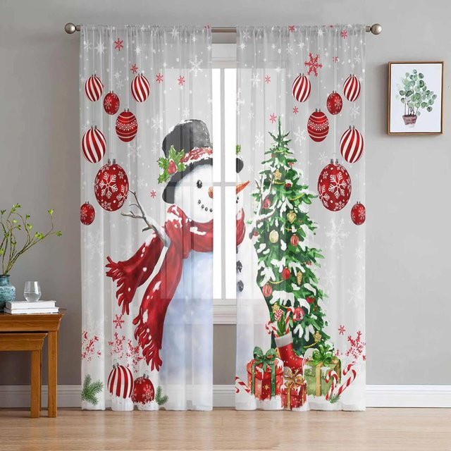 Weihnachten Tüll Vorhang mit Schneemann und Kiefernzweig in Weiß und Transparent, Breite: 135 cm, Höhe: 115 cm - Bild 1