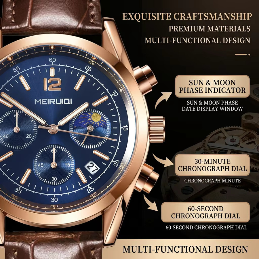 MEIRUIQI Chronograph Armbanduhr, Quarz, Lederarmband, Blau, Herren - Bild 2