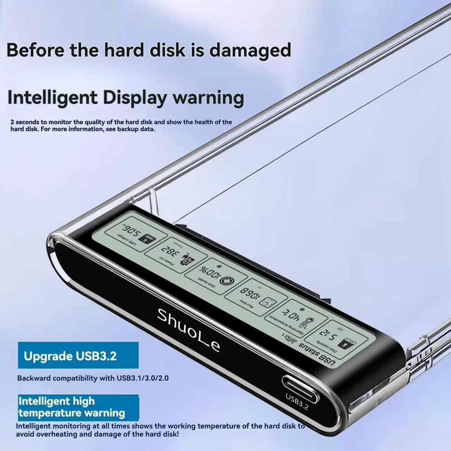Kebidu USB 3.2 HDD-Gehäuse für 2,5 Zoll HDD und SSD mit Display, transparentes externes Festplattengehäuse für Laptop und PC - Bild 3