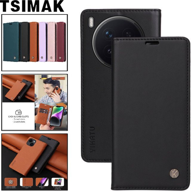 Leder-Brieftasche mit starkem Magnet-Flip für Vivo X300 und Vivo X300 Pro in Schwarz, Braun oder Gelb - Bild 1