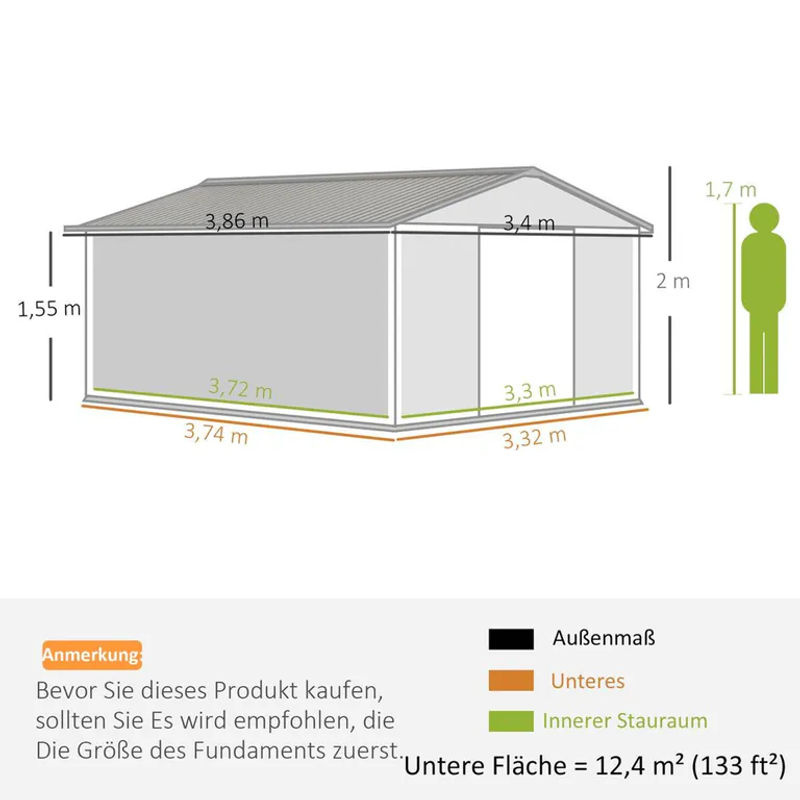 Outsunny Gerätehaus aus verzinktem Stahl mit Pultdach und Schiebetür, Dunkelgrün, B/H/T: 386 x 200 x 340 cm - Bild 3