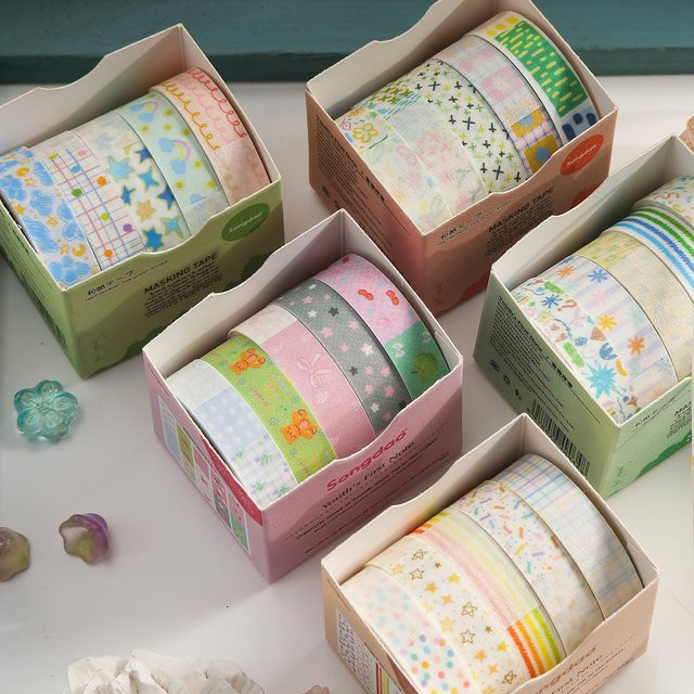 5 Rollen Washi-Tape Set mit Jugend- und Vitalitätsmotiv in Multicolour, dekoratives Glitzer-Klebeband aus Papier für Scrapbooks und Handbücher - Bild 1