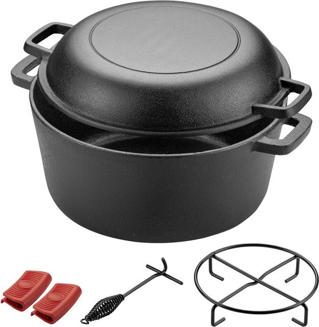 Wiltec 2in1 Dutch Oven aus Gusseisen, Schwarz, B/T/H: 32 x 26 x 16 cm - Bild 1