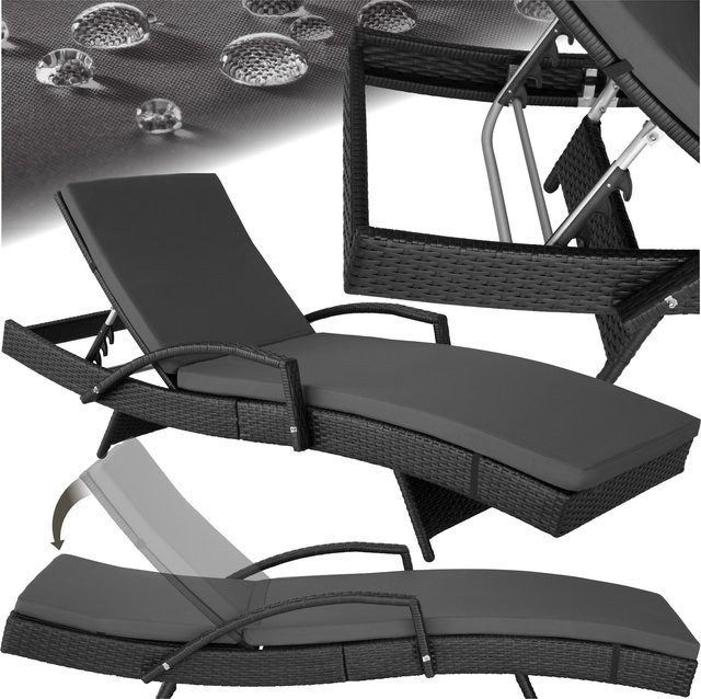 tectake Aluminium Rattan Sonnenliege Océane Schwarz mit abnehmbarer Polsterauflage, wetterfest und UV-beständig, B/T/H: 190 x 71 x 34 – 74,5 cm - Bild 1