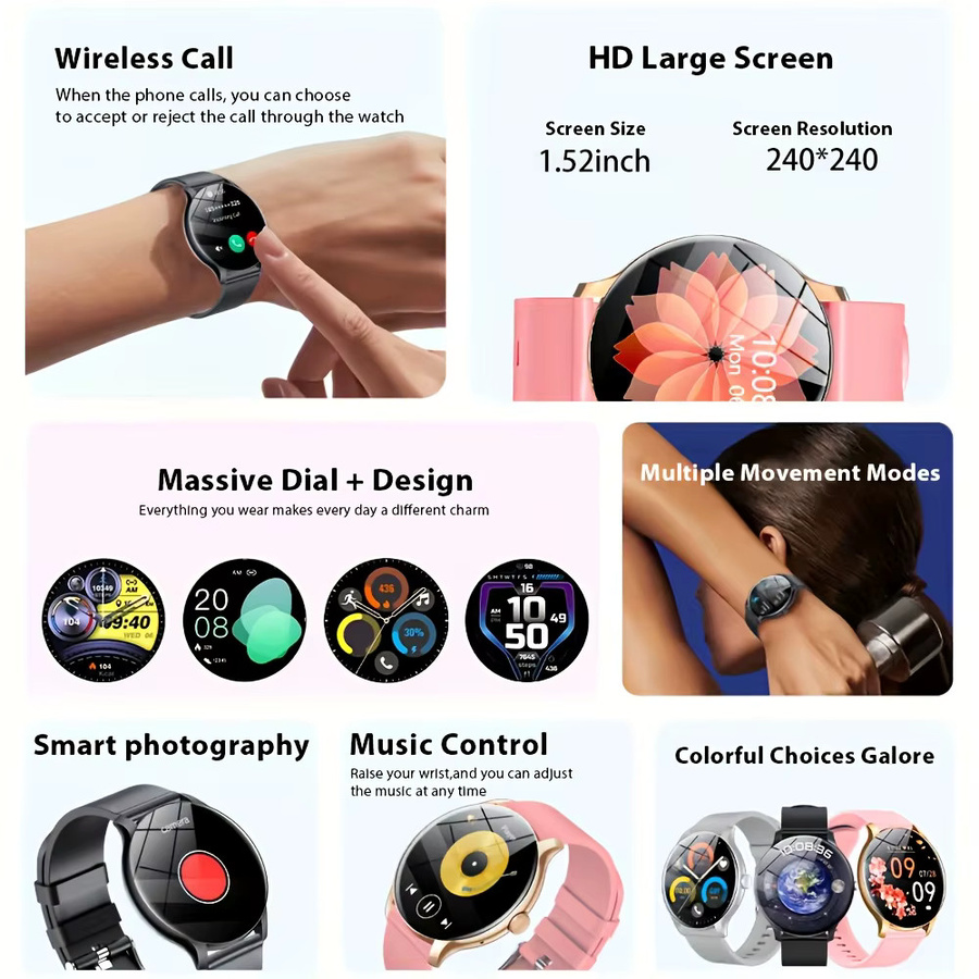LAXASFIT Outsport Smartwatch mit Bluetooth-Anrufen und Herzfrequenzmesser für Android und iOS, Unisex, Schwarz/Pink - Bild 2