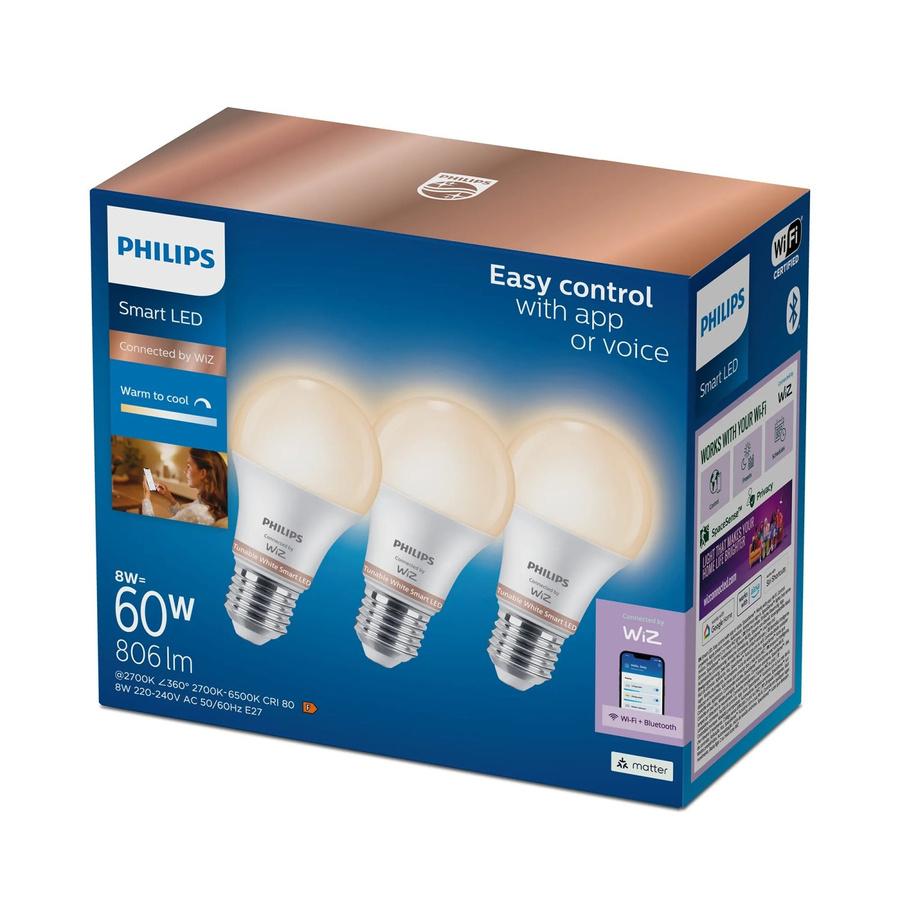 Philips WiZ LED WLAN Leuchtmittel E27 3er Set, Glühlampenform A60, 8 W, 2700 K, Weiß - Bild 2