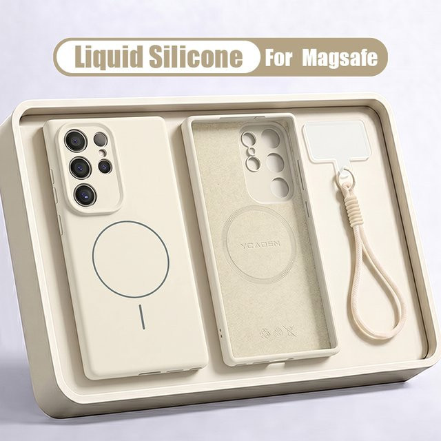 Stoßfeste MagSafe Handyhülle aus flüssigem Silikon mit Magnet-Lanyard für Samsung Galaxy S26 S25 S24 S23 S22 Ultra und S26 Plus in Pink - Bild 1