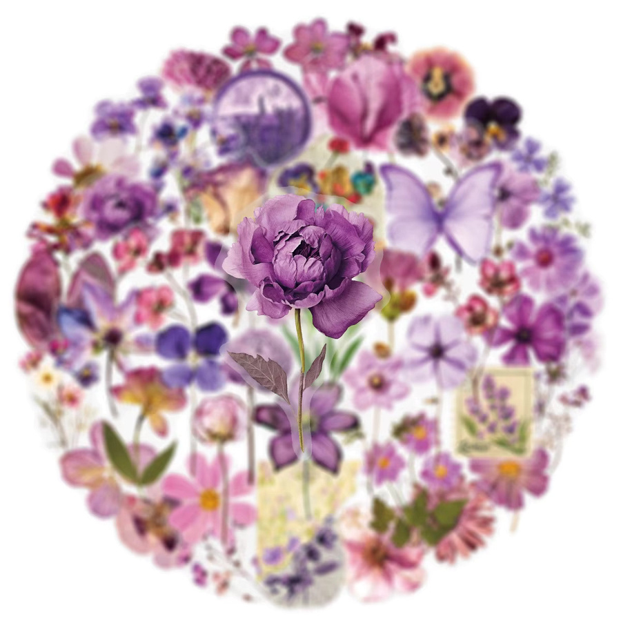 50 oder 100 Stück transparente PET Aufkleber mit lila Blumen für Notebook, Tablet, Telefon und Trinkbecher - Bild 3