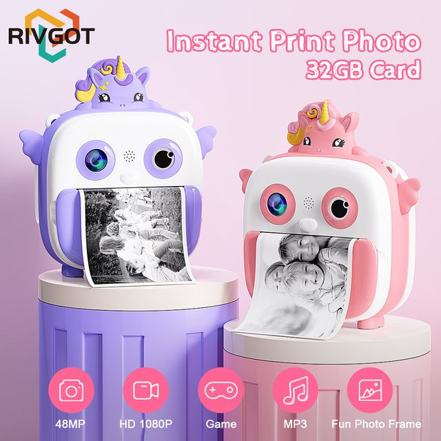 RIVGOT Kinderkamera mit Sofortdruck, 48 MP Selfie-Digitalkamera in Rosa/Pink mit 1080P HD-Video und 32 GB Speicherkarte - Bild 1