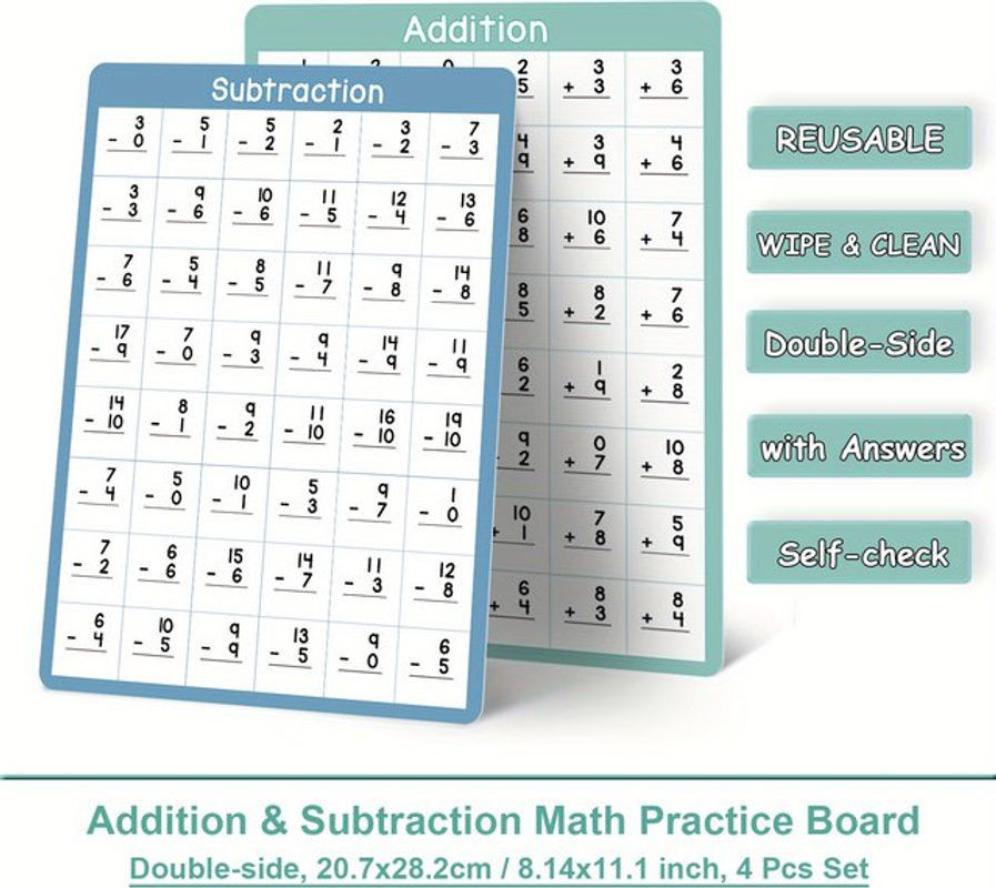 4-teiliges QKX Mathe-Lernposter Set für Kinder mit Addition und Subtraktion der Ziffern 0-10, abwischbare Rechenübungsposter in mehrfarbigem Design, Hochformat, 28,2 x 28,2 cm - Bild 1