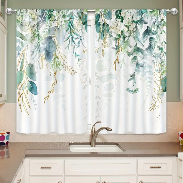 2er-Set Vorhänge von Yiran Furniture mit grünem Blumen- und Blättermuster im Landhausstil, Breite: 100 cm, Höhe: 130 cm - Bild 1