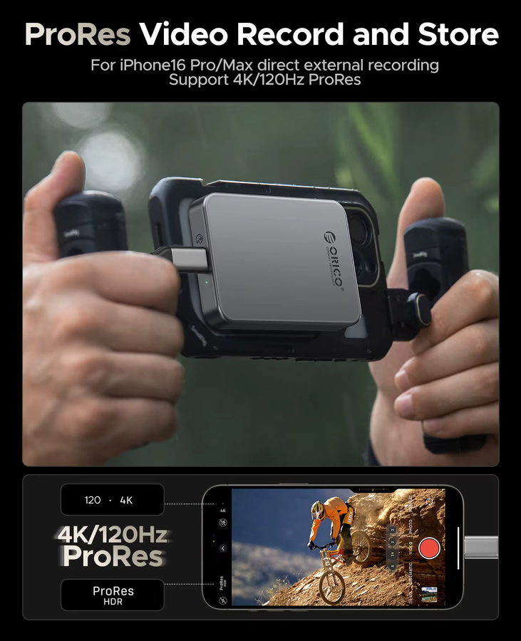 ORICO Magnetische Portable SSD für iPhone 15 Pro Max und iPhone 17 Pro Max, 4K 120 FPS ProRes HDR Aufnahme, bis zu 460 MB/s, Schwarz - Bild 3