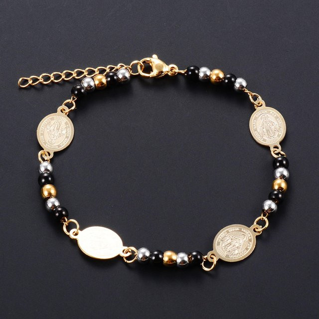 Armband Edelstahl, Perle, Schwarz, Vintage, Damen Herren, 18cm - Bild 1