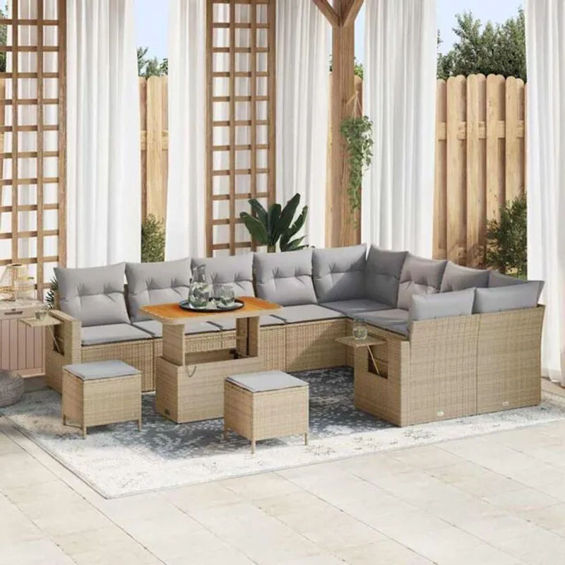 vidaxl Garten-Sofa-Set aus Poly-Rattan und Massivholz in Beige, 12-teilig, modern - Bild 1