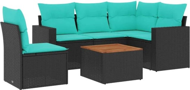 vidaXL 6-teilige Garten-Sofagarnitur mit Kissen aus Poly-Rattan und Akazienholz in Schwarz - Bild 1