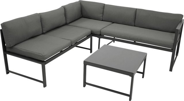 DEGAMO Funktions Lounge Set MONTANA aus Aluminium in Dunkelgrau mit grauen Polstern und Liegefunktion, bestehend aus Sofa (Breite: 192 cm), Sofa (Breite: 120 cm) und Loungetisch (Breite: 60 cm, Tiefe: 60 cm) mit Sicherheits-Glasplatte - Bild 1