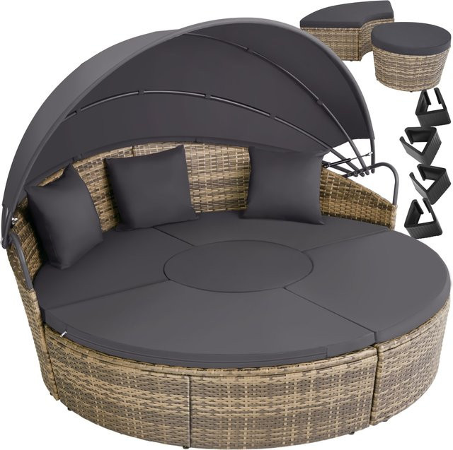 tectake Rattan Sonneninsel mit klappbarem Sonnendach und wetterfesten Kissen, Natur/Grau, B: 175 cm, T: 171 cm, H: 136 cm - Bild 1